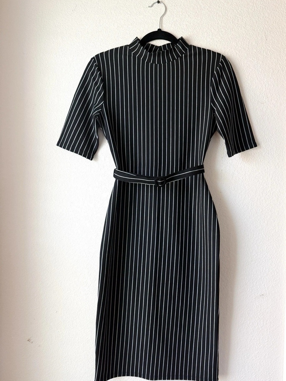 Zara Black and White Pinstripe Mini Dress with Belt